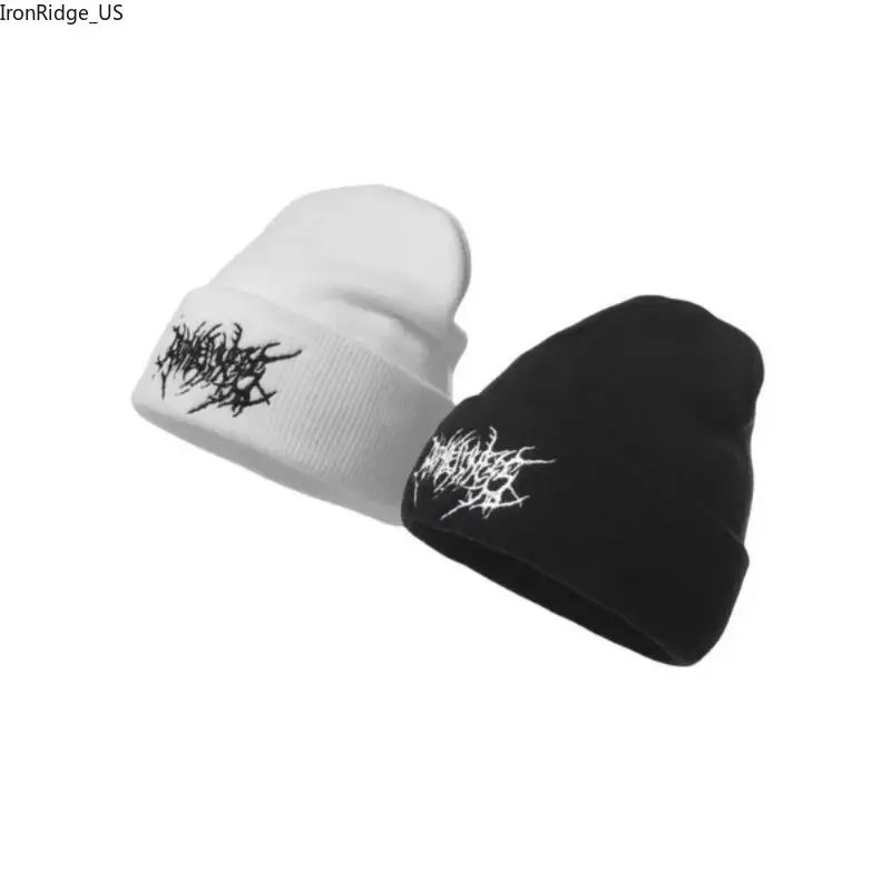 Unisex Solid‑Color Embroidered Gothic Punk Knitted Beanie, Soft Acrylic Warm Couple Skull Ski Hat, Stretchy Cold‑Weather Headwear, Casual Accessory for Autumn Winter Street & Outdoor Styling