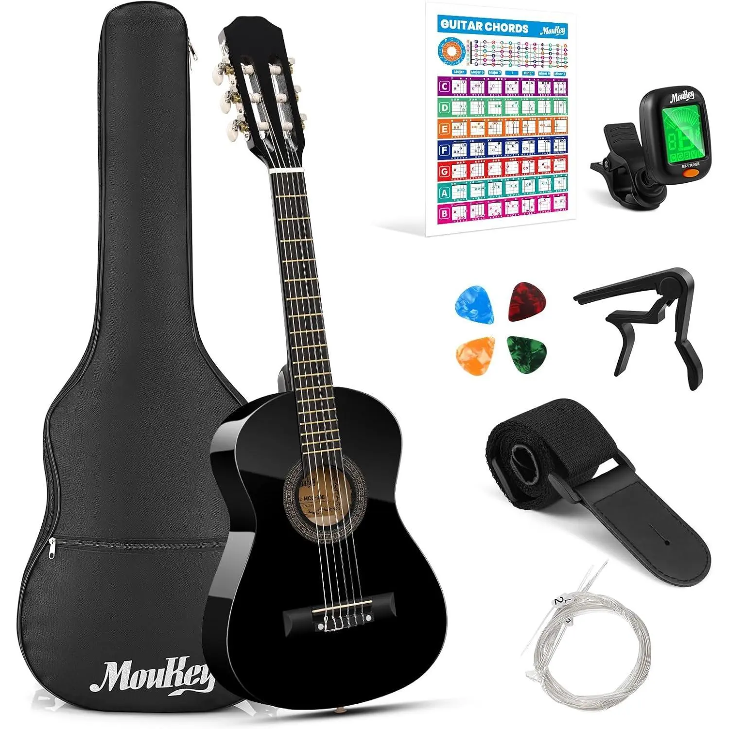 30" Acoustic Guitar for Beginners Kids Youth 1/4 Size Dreadnought Guitarra Acustica Kit with Chord Poster, Gig Bag, Tuner, Picks, Nylon Strings, Capo, Strap - Black