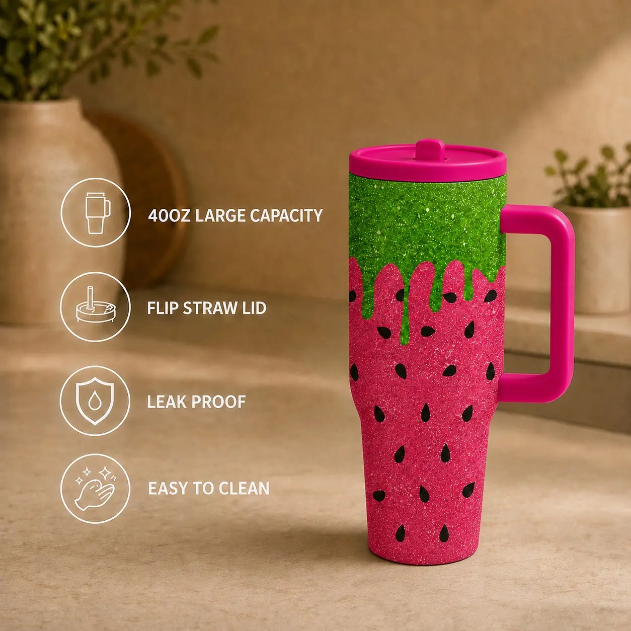 1PC 40oz Glitter Watermelon Drip Seed Pattern Insulated Tumbler with Handle & Straw, Leak-Proof Lid, Double Wall Vacuum Stainless Steel Travel Mug, Hot 12H Cold 24H, Large Capacity Cup for Men and Women, Summer Gift