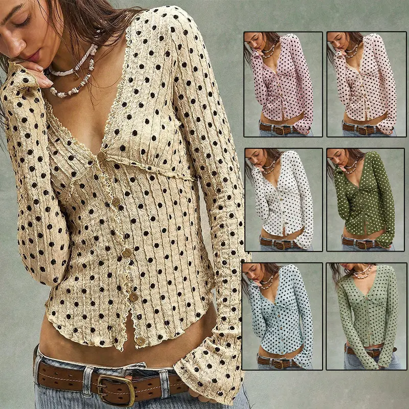 Spice Girl Storm Point Long Sleeve Knitted Top V-Neck Fungus Edge Lace Short Cardigan
