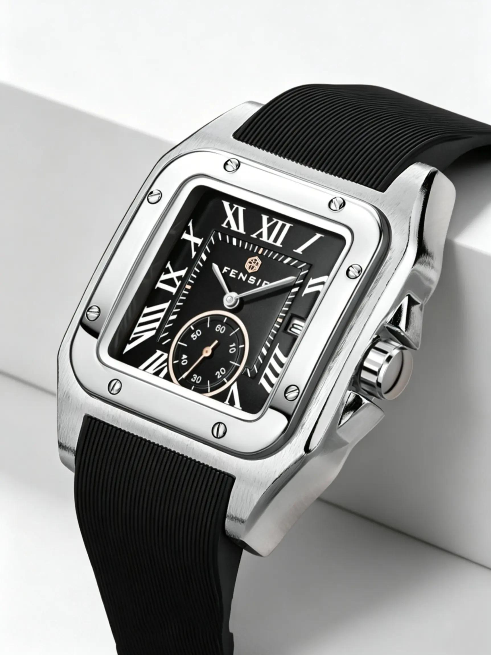 New Santos Tank Series Business Men's Watch, Elegant Square Dial with Calendar Display, Silicone & Leather Straps, Luxury Casual Fashion, Analog Quartz Watches, Quartz Analog Watch, Square Dial Wristwatch