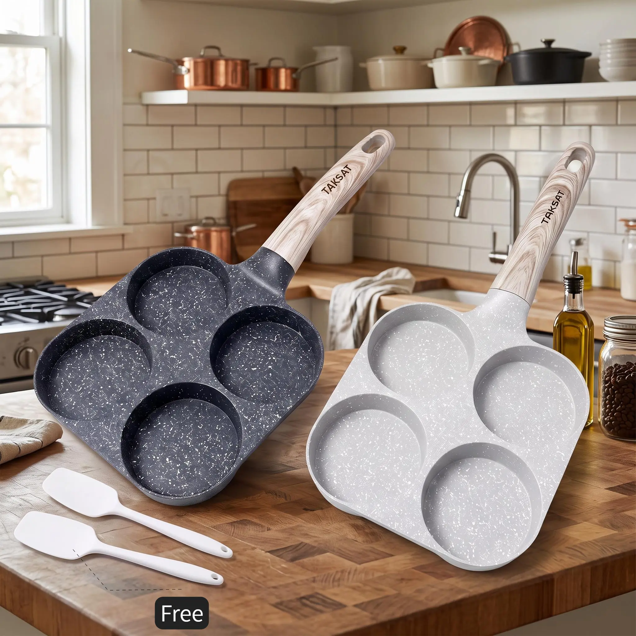 4-in-1 Easy Care Nonstick Aluminum Alloy Breakfast Pan - 4 Round Holes Cookware, Fast Heating, Easy-Clean Wooden Handle, Kitchen Accessories for Eggs, Hamburgers, Individual Packs Kitchen Skillet Gadget