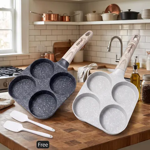 4-in-1 Nonstick Aluminum Alloy Breakfast Pan - 4 Round Holes Cookware, Fast Heating, Easy-Clean Wooden Handle, Black, Individually Packaged Kitchen Skillet for Eggs, Hamburgers