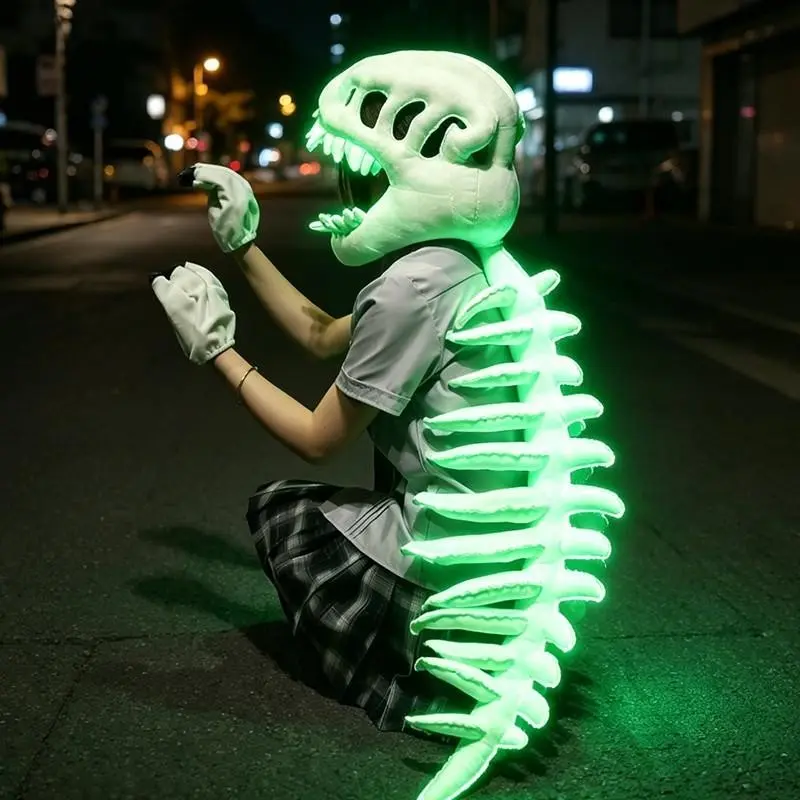 Halloween Night Glowing Fluorescent Dinosaur Skeleton Costume Headpiece, Fun Role-Play Plush Toy, Creative Prank Gift for Kids, Family, Friends