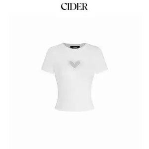 Cider Slim Fit White Cropped Tee with Sparkly Heart Rhinestone Detail - Daily Wear Short Sleeve Shirt SummerWins Dealsforyou