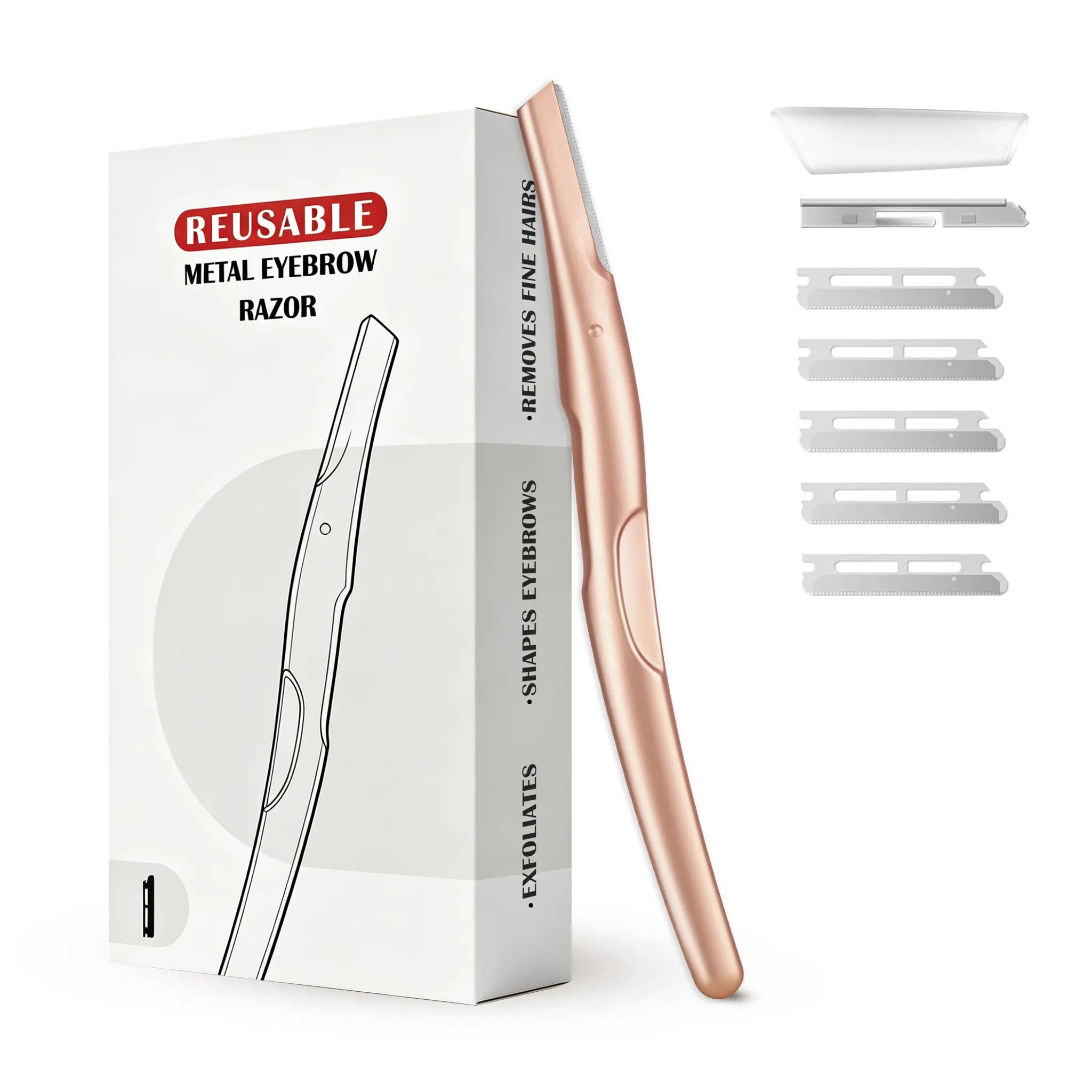Unisex Brow Razor and Facial Shaver, Reusable Metal Handle with 5 Replacement Blades, Hair Removal Knife with Silicone Cover, Eyebrow Trimmer