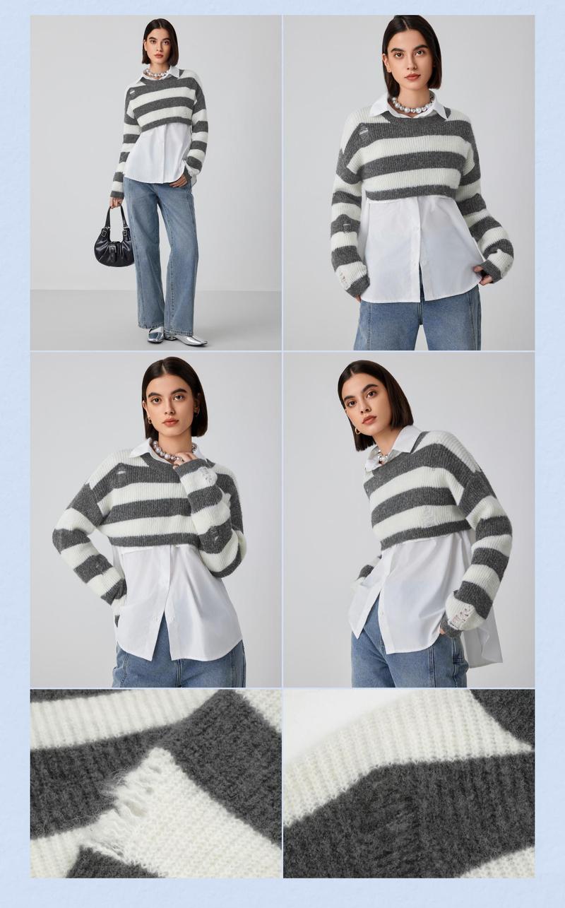Cider [size 2-10] Round Neck Striped Ripped Knit Long Sleeve Crop Sweater