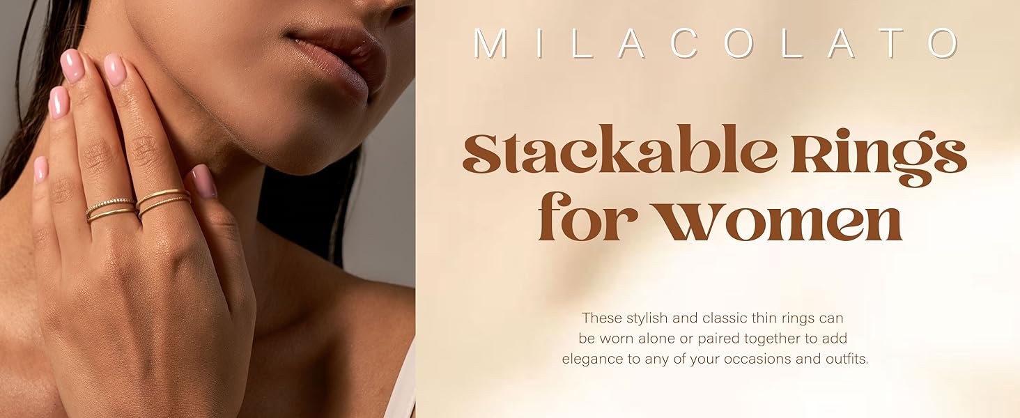 MILACOLATO 14K plated Gold Filled 1.3mm Thin Stackable Rings for Women - Minimalist Non Tarnish Half Cubic Zirconia Band Rings - Dainty Trendy Statement Stacking Rings Set Size 5-10 SpringStatements