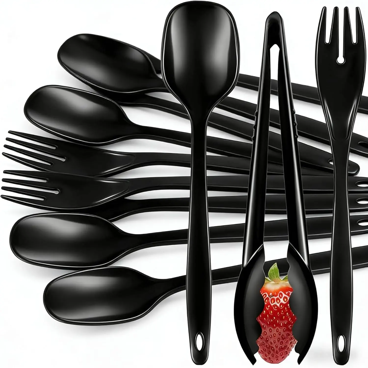 20 count Disposable Plastic Serving Utensils for Parties, Buffet Serving Utensils Set-8 Black Plastic Serving Spoons, 4 Tongs and 8 Forks for Catering, Entertaining and Parties