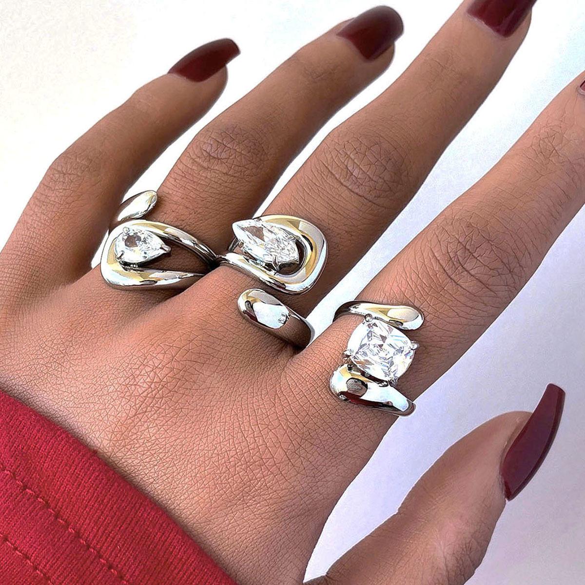 Plated Zircon Ring for Women, Stainless Steel Titanium Adjustable Fine Jewelry, Elegant Modern Aesthetic, Office Travel Anniversary Gift for Wife Sister Gold-Plated Striped Couple Stacking Minimalist