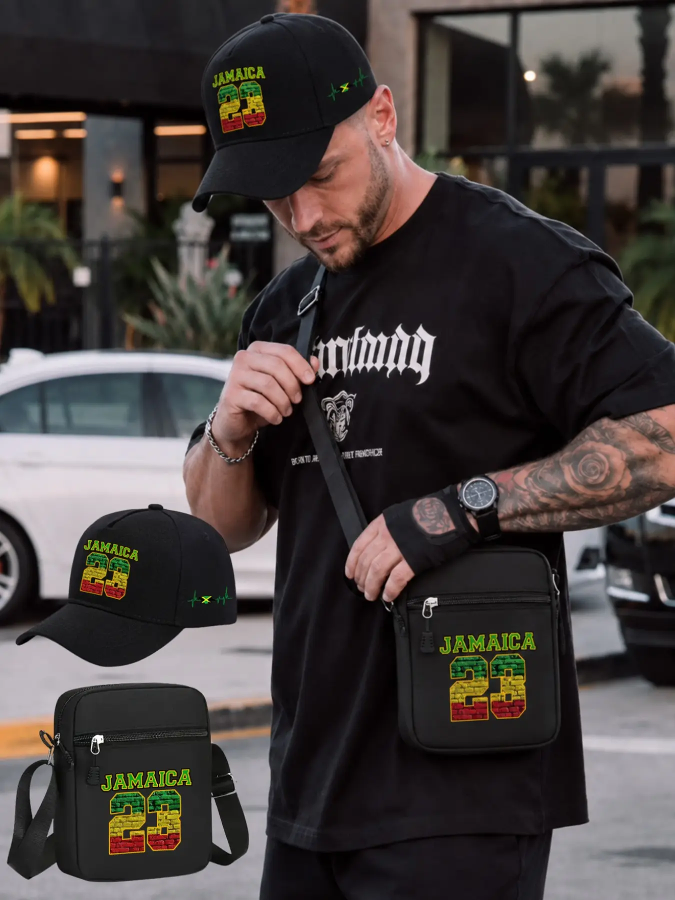 Jamaica 23 Reggae Music Note Flag Design Baseball Hat and Crossbody Bag Set, Adjustable Street Fashion Outdoor Sports Cap and Shoulder Bag