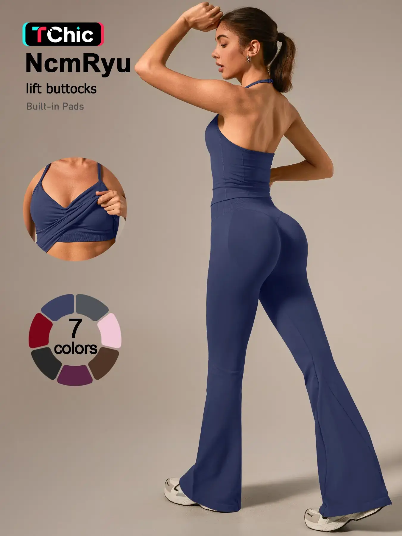 Women's Two-Piece Sportswear Set, High Elasticity Quick-Dry Fabric, Halter Neck Design, Waist Cinch, Micro Flare Pants, Daily Workout, Gym Sets