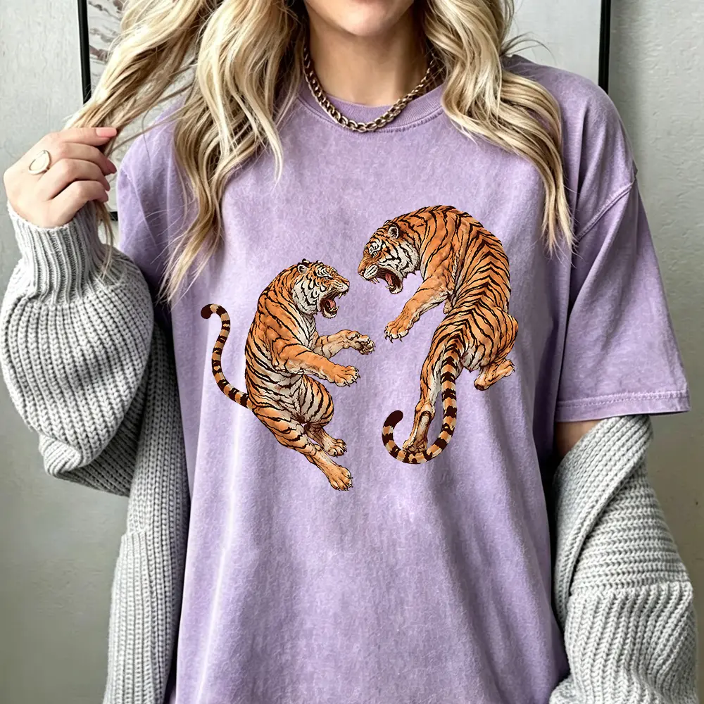 Vintage Washed Purple Tiger Graphic Tee, Unisex Acid Wash Double Tiger Shirt, Oversized Retro Y2K Streetwear Top for Men & Women