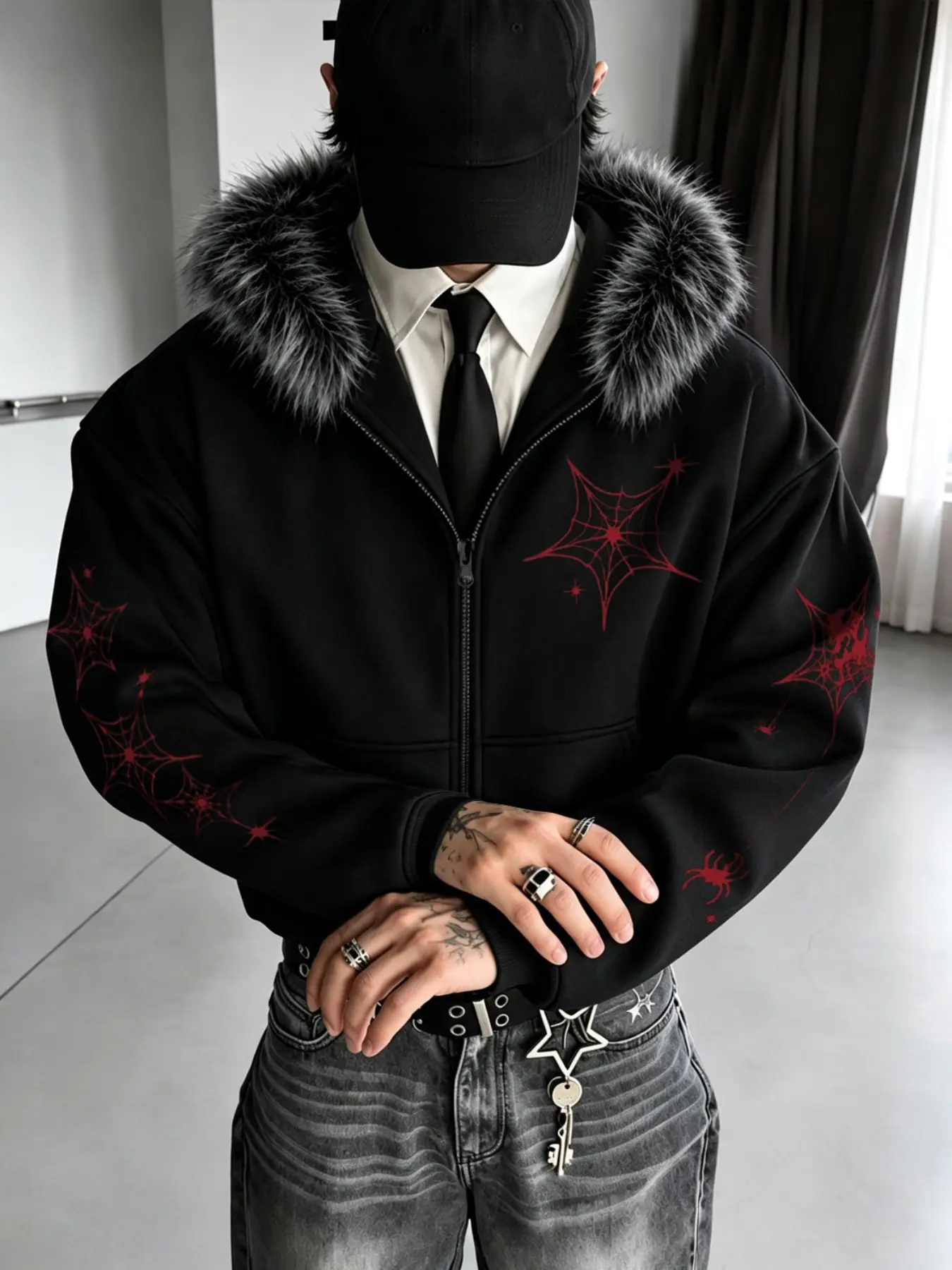 Men's Fall Winter Hooded Fur Collar Jacket, Gothic Spiky Pattern, Streetwear Style, Casual Loose Fit, All Seasons Fashion