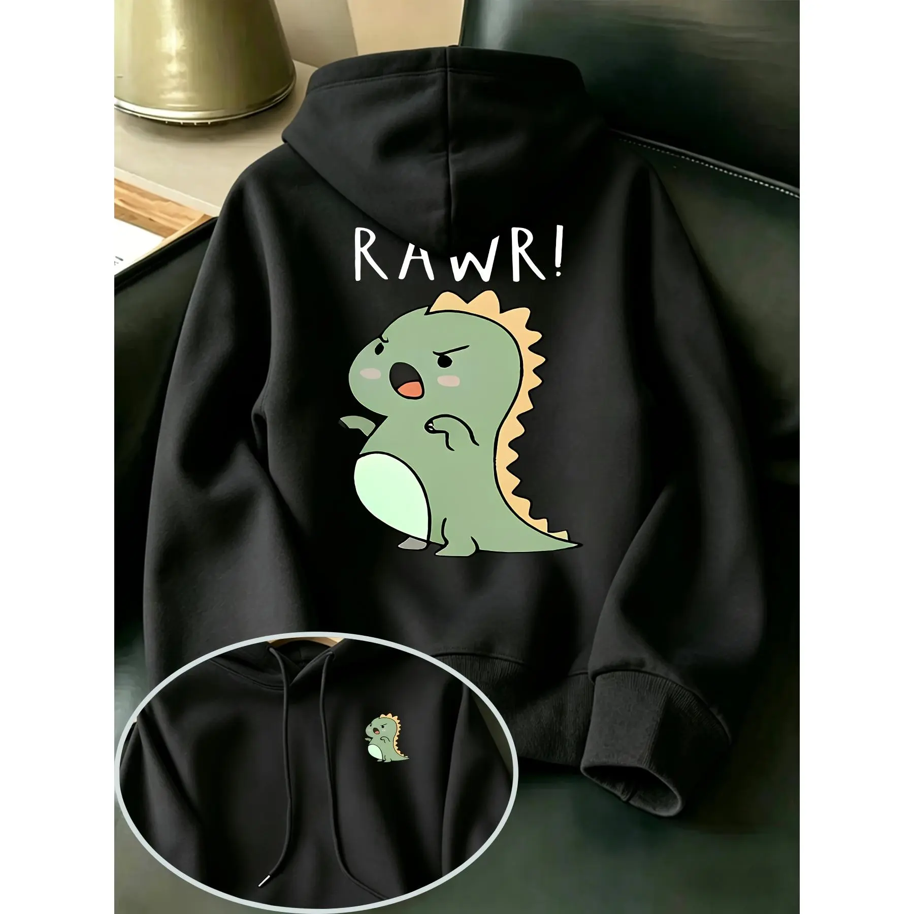 Cartoon Little Dinosaur RAWR Fun Print Casual Style Men's Hooded Sweatshirt Fun Dinosaur Print Top
