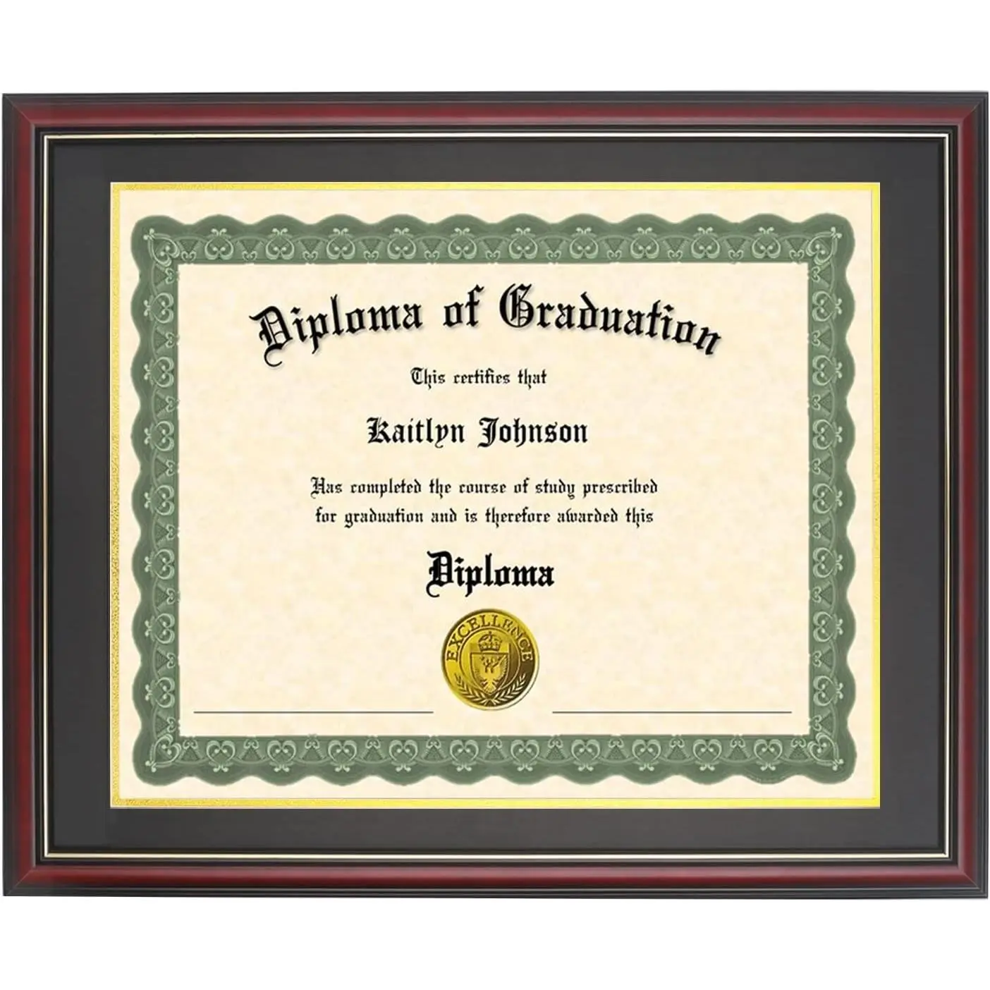 13x17 Solid Wood Diploma Frame, Cherry Finish with Gold Trim, Displays 13x17 Diplomas with Black Over Gold Mat or 16x20 Inch Without Mat Certificate Frames