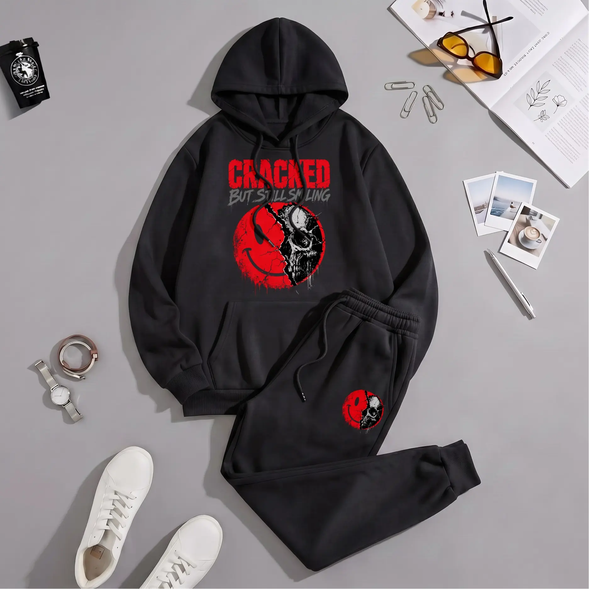 Men's Cracked But Still Smiling Graphic Hoodie and Sweatpants Set, Casual Hip-Hop Long Sleeve Pullover & Drawstring Jogger Pants, Fall Winter Tracksuit for Daily Wear, Travel, Lounge, Indoor Outdoor and Streetwear