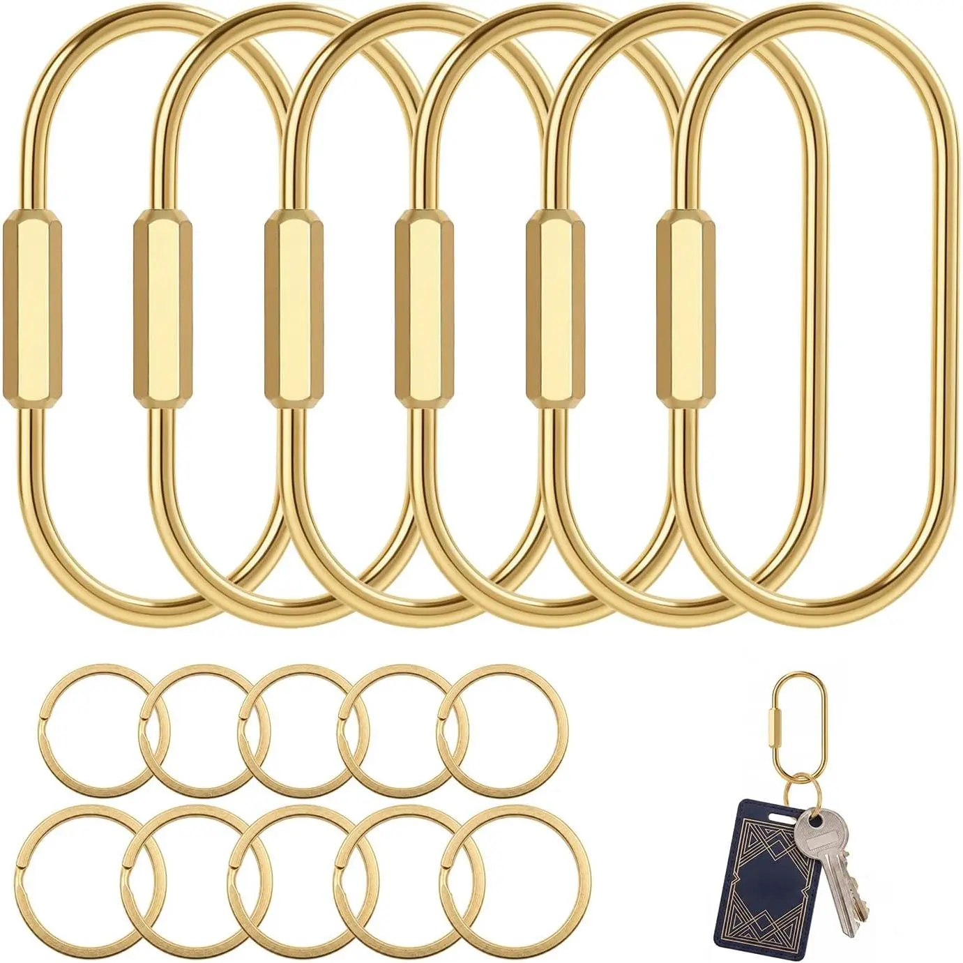 Carabiner, Brass Key Chain Rings,  with Screw Lock | 6 Packs U-shaped Oval Carabiners 10 Packs Flat Split Keyrings, Heavy Duty Brass Key Chains for Men Women EDC Crafting
