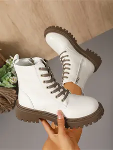 Sweet Cool White Ankle Booties Brown Stitch Platform Side Zip Daily Leather Combat Boots