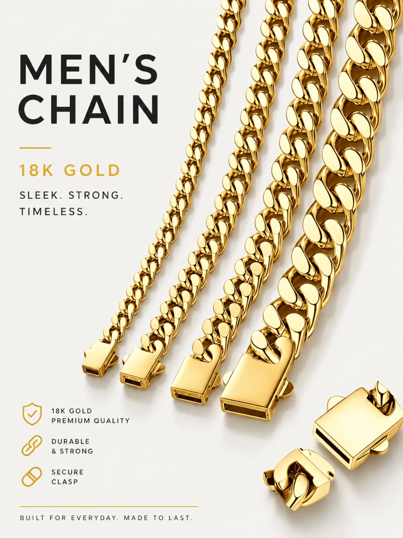 Men's Stainless Steel Cuban Link Chain Necklace, Thick Solid Curb Chain, Clasp, Hip Hop Street Wear Jewelry, Chunky Necklace, Gift for Him