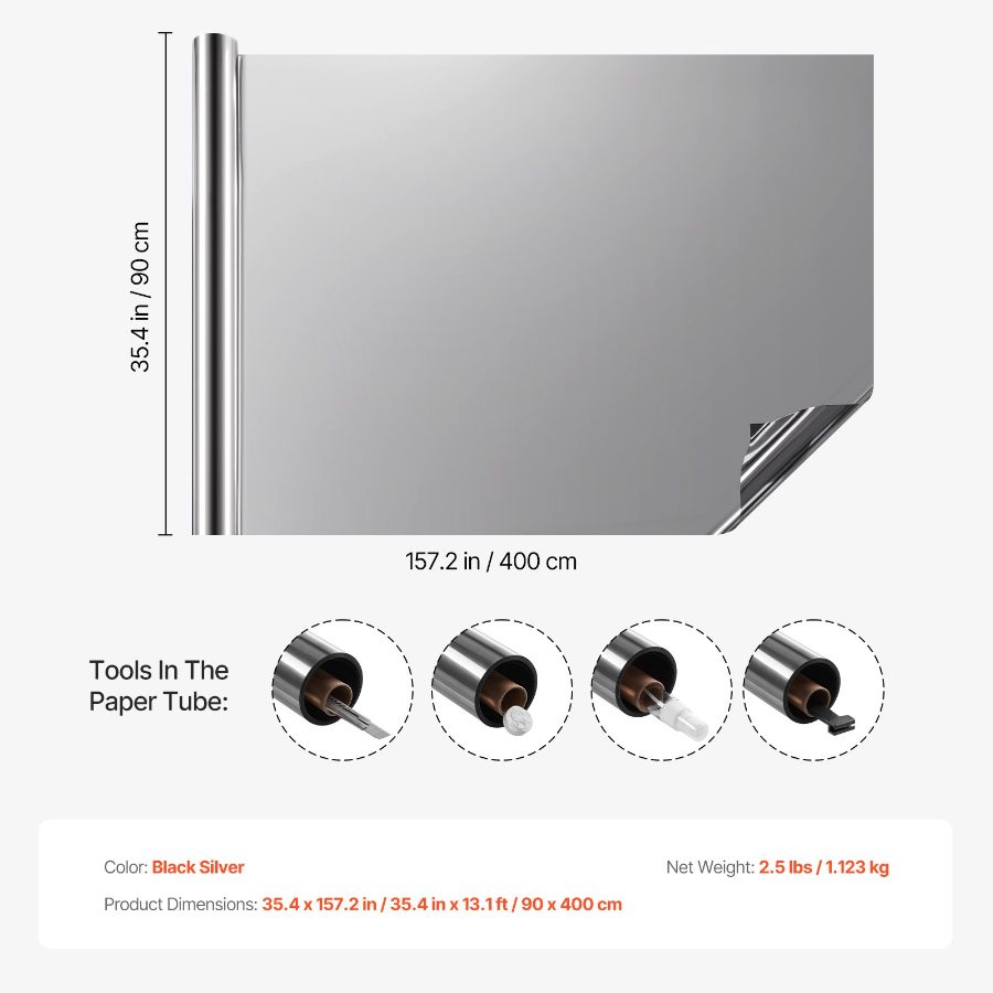 VEVOR Window Privacy Film, One Way Window Tint, Daytime Mirror Reflective Heat Control Glass, Static Cling Sun Blocking See out Not in Window Film for Home and Office, Black-Silver, 35.4 inx 13.1 ft