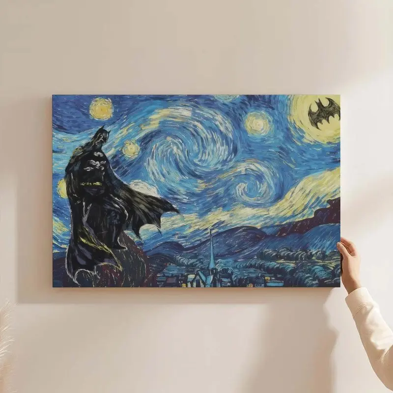 Van Gogh’s Starry Sky Pattern Canvas Poster, Modern Art Bat Character Poster, Wall Art Decor for Home, Living Room, Bedroom & Office, Halloween Canvas Print, Gothic Wall Decor, Spooky Room Decor, Dorm Room Poster, Dark Academia Decor, Halloween Gift