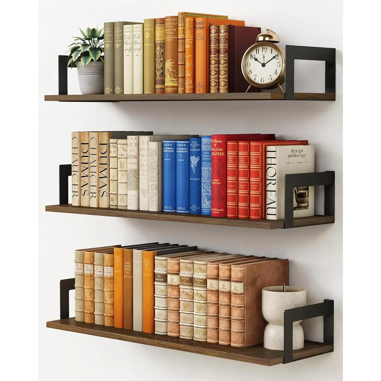 3-Pack Minimalist Dark Brown 24-in Floating Wood Book Shelf Set, Rustic Farmhouse Wall-Mount Storage for Bedroom, Office Books & Plants, Kitchen Photo Display (Ideal Gift)