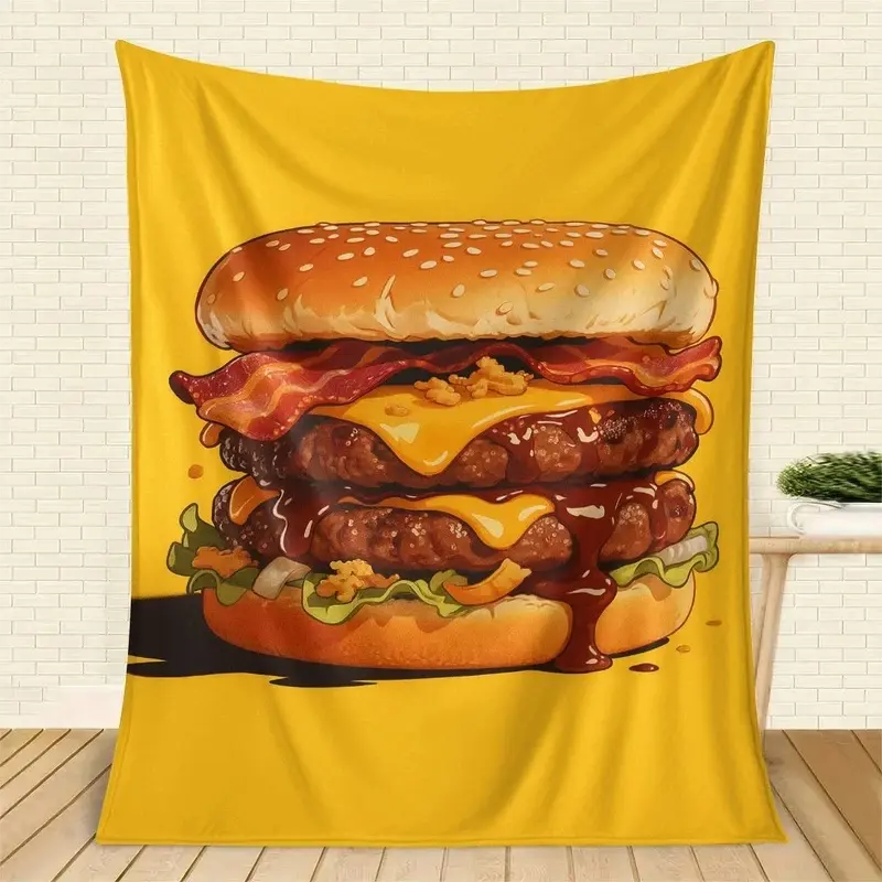 1pc Retro Cartoon Bacon Double Cheeseburger Soft Flannel Throw Blanket