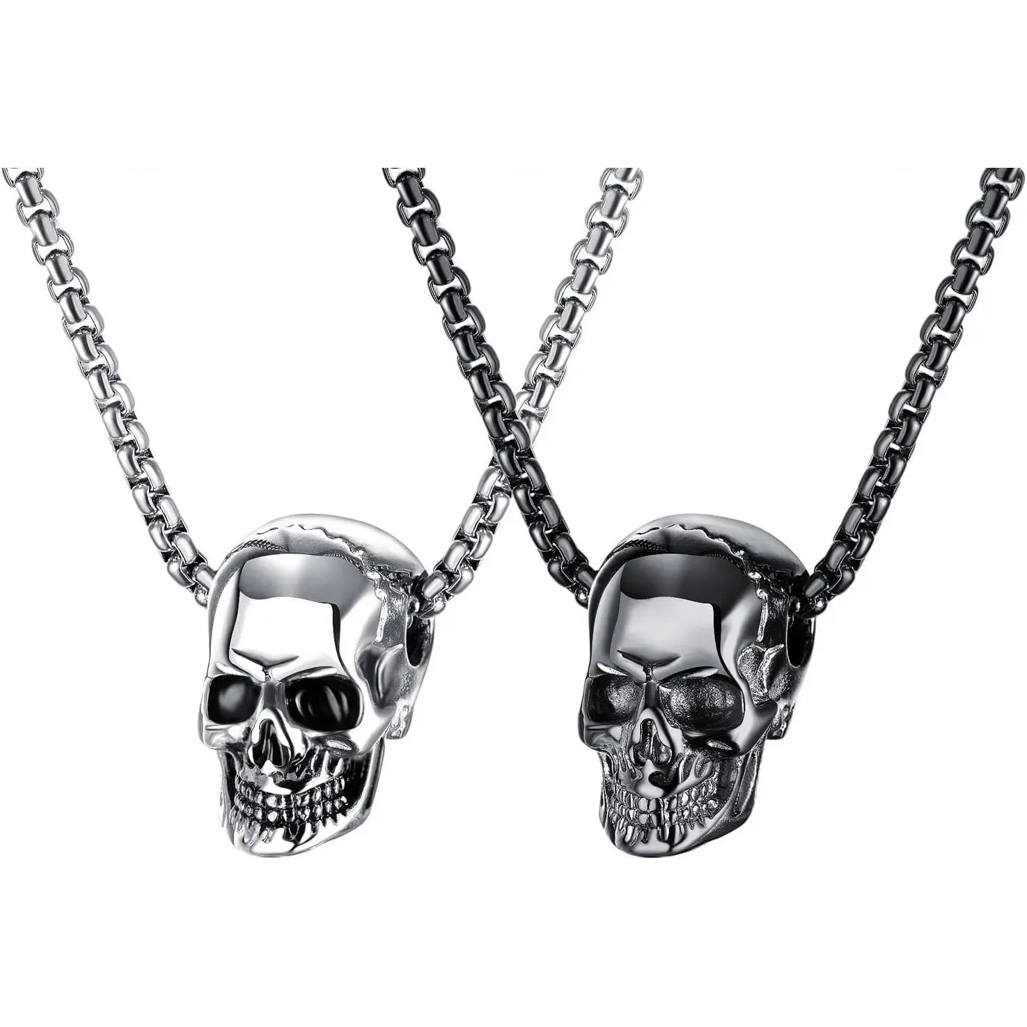 2 Pcs Skull Necklace Gothic Punk Rock Hip Hop Pendant Necklace Cool Amulet Pendant Necklace for Men - Black Silver