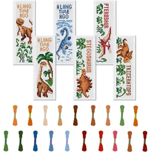 Dinosaur Theme Cross Stitch Bookmark, 6 Counts/set DIY Art Set, Including 6 Counts Printed Cross Stitch Fabric, Thread, Random Color Tools