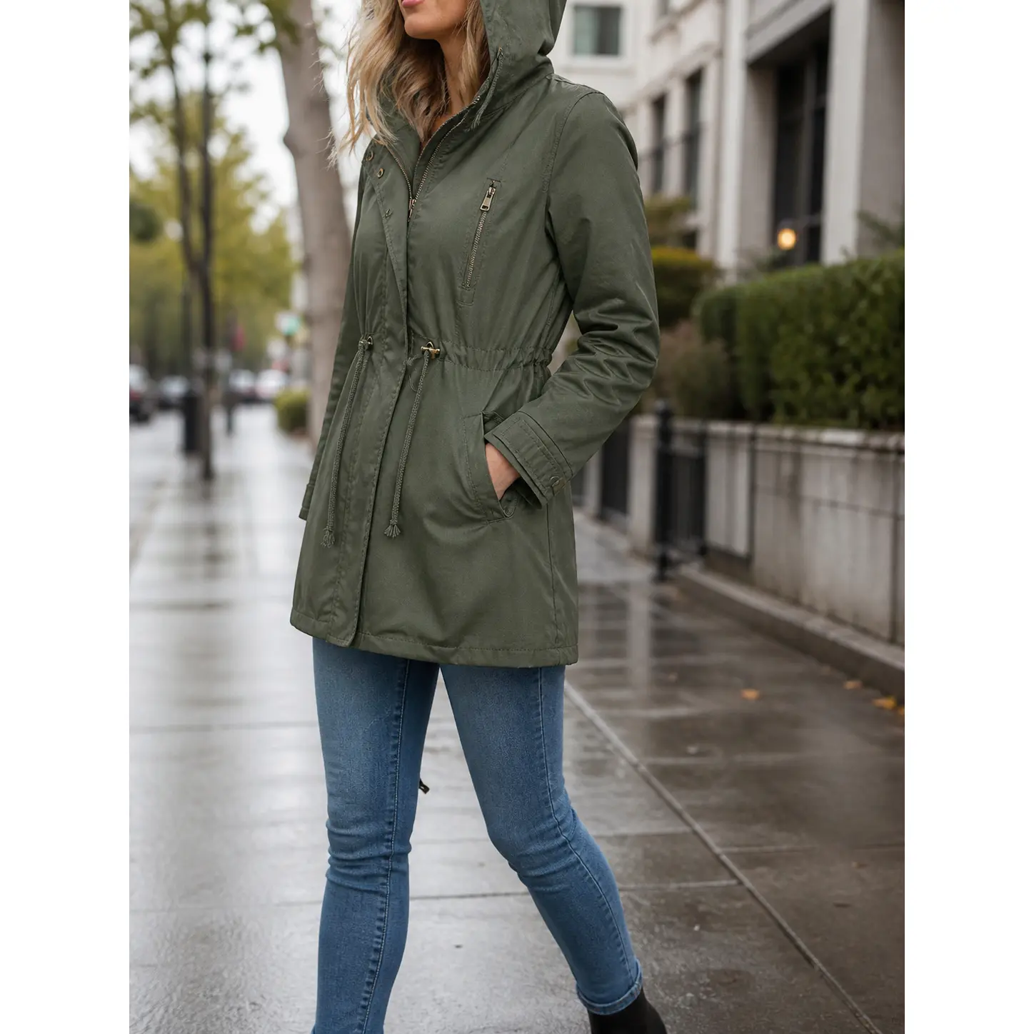 Cozy Cotton Hooded Trench Coat For Women Loose Fit Urban Style Spring Fall Outerwear With Pockets Mid Length Long Sleeves Solid Color Zipper Closure Plus Size S To 4XL Everyday Essential