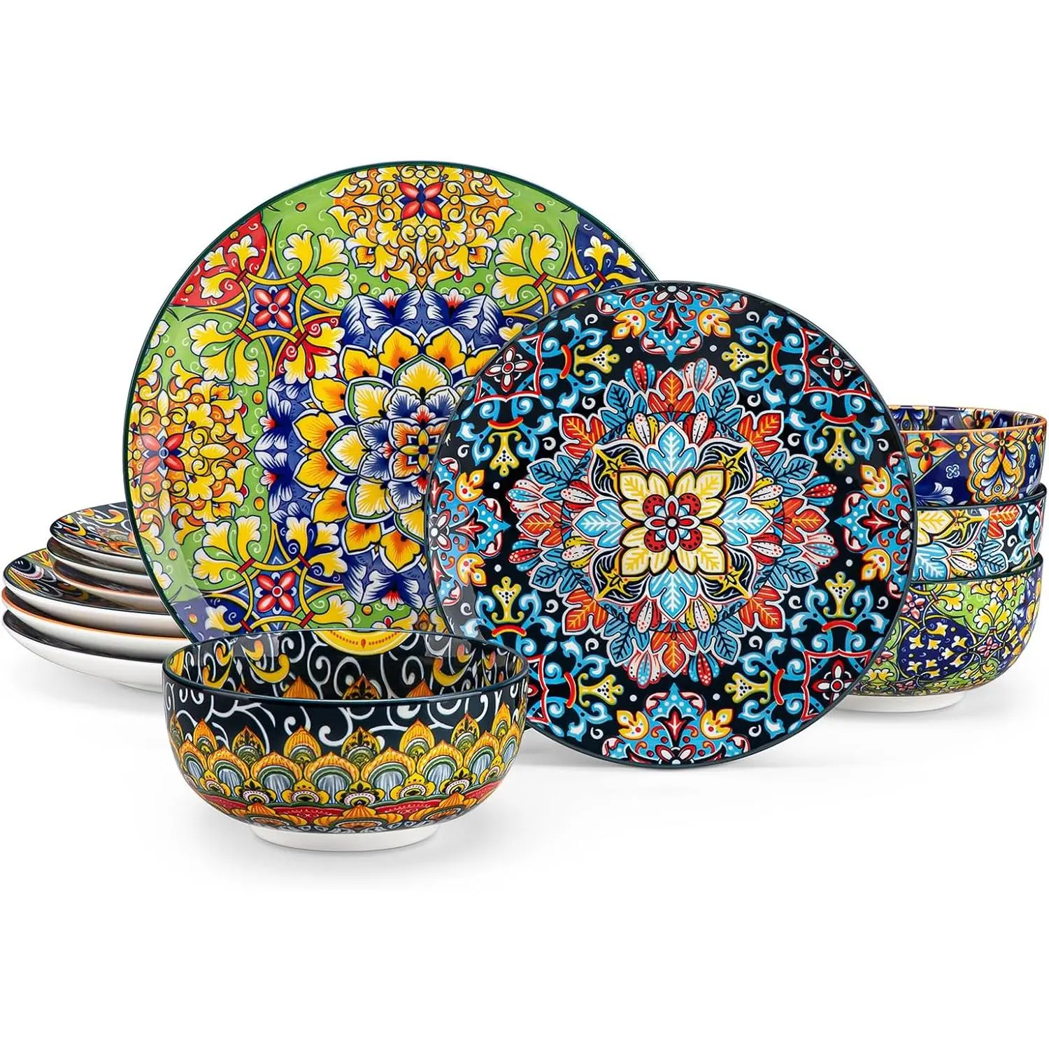 12 count Dinnerware Sets, Plates and Bowls Set, Porcelain Dishes Set for 4, Microwave and Dishwasher Safe, Scratch Resistant, Bohemian Style Dining Ware Service for 4, Series SIMI