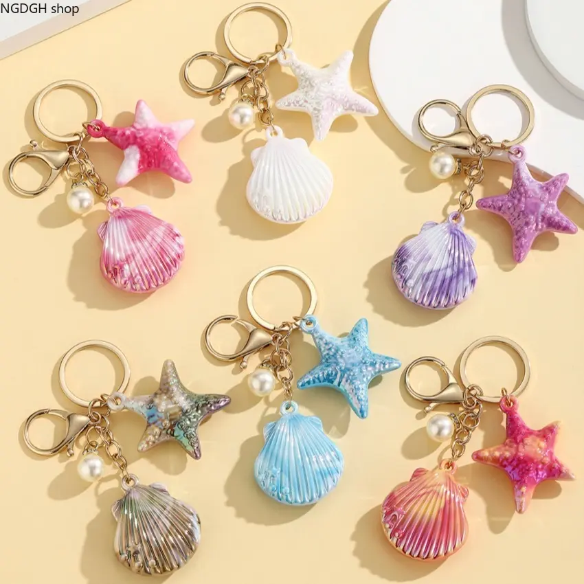 Ocean Theme Starfish Shell Keychain, Iridescent Resin Bag Charm with Pearl Decor, Summer Beach Style Pendant with Lobster Clasp, Lightweight Key Ring Accessory, Fashion Ornament for Backpack Purse, Cute Holiday Gift for Women and Teens