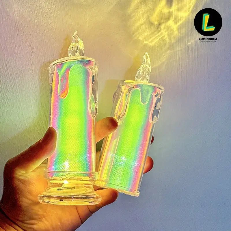 Glitter Clear Glass Flameless LED Candle Lamp Dripping Wax Shape Warm Ambient Night Light Table Decor