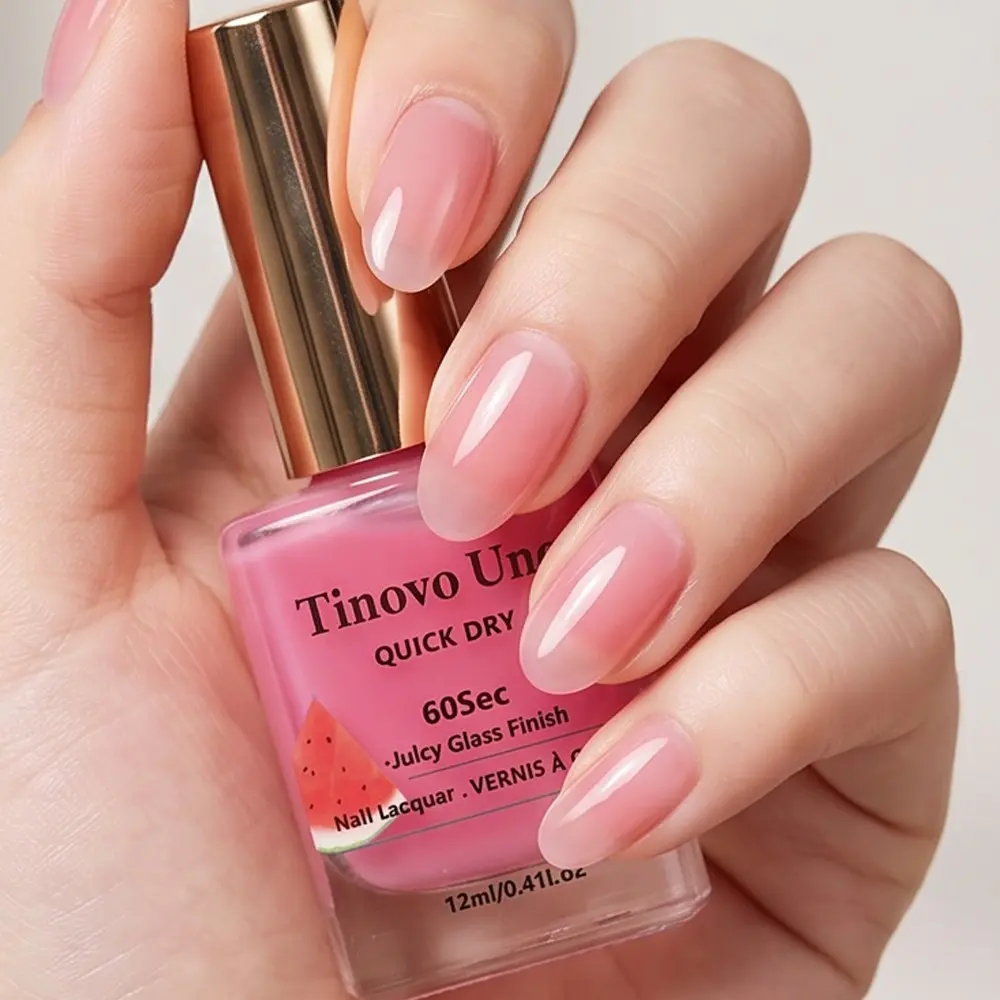 Tinovo Uno 60-Second Quick-Dry Watermelon Pink Jelly Nail Polish: Long-lasting mirror finish without curing, semi-transparent jelly texture with a glass-like sheen, leaves nails looking plump and translucent after application, Shine Polish