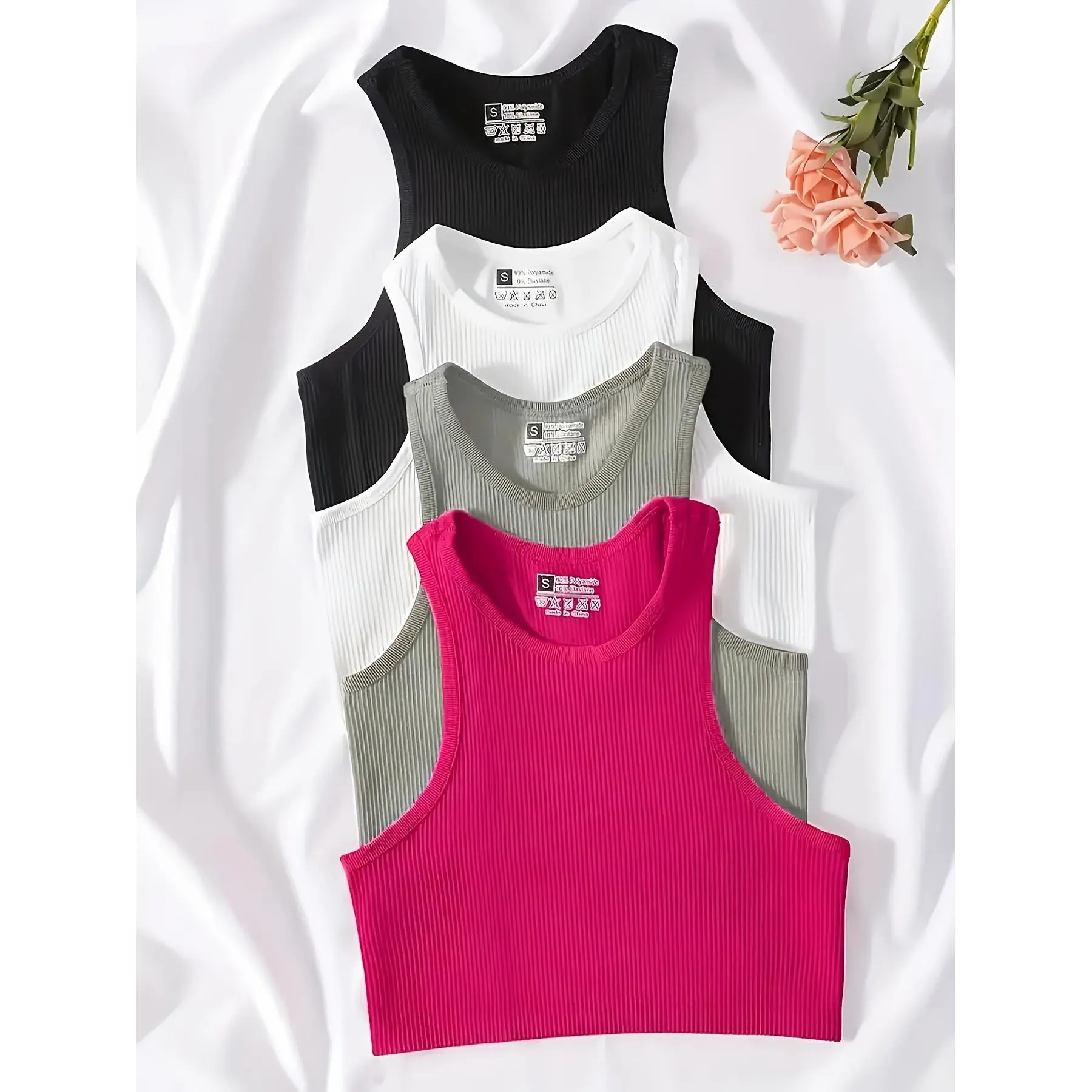 Women's 4-Pack Sleeveless Crop Workout Tops - Breathable Knit Seamless Polyamide Blend Sporty Chic Athletic Vest, Solid Ribbed Casual Summer Basic Sport Top