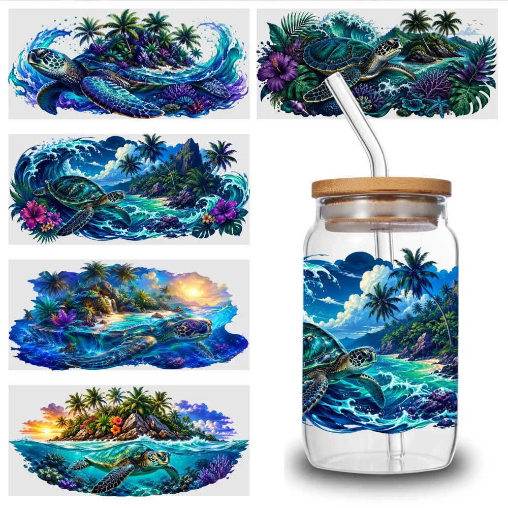 5 Sheets Tropical Turtle UV DTF Stickers Cartoon UV DTF Transfer Sticker for Water Cup Glass Bottle Glass Jar, Cup Wrap Sticker, Cartoon Decal, Waterproof Decorative