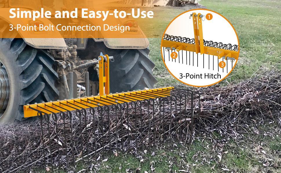 60 Inch Lawn Tractor Rake, 3 Point Hitch Landscape Rake Attaches to Cat 0 Cat 1, Dethatcher Rake for Tractor