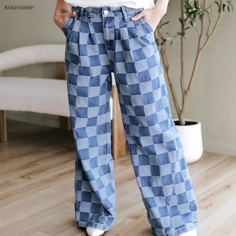 Women Summer High Waist Stretchy Checkered Denim Pants, Loose Straight Wide Leg Jeans, Soft Breathable Casual Bottoms for Daily Brunch Street Vacation Outfits,plush,