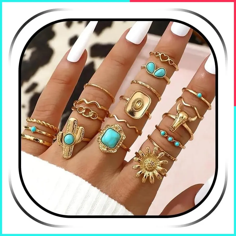 Turquoise Rings for Women Gold Western Boho Stackable Knuckle Thumb Ring Set Cowgirl Country Concert Jewelry Gift