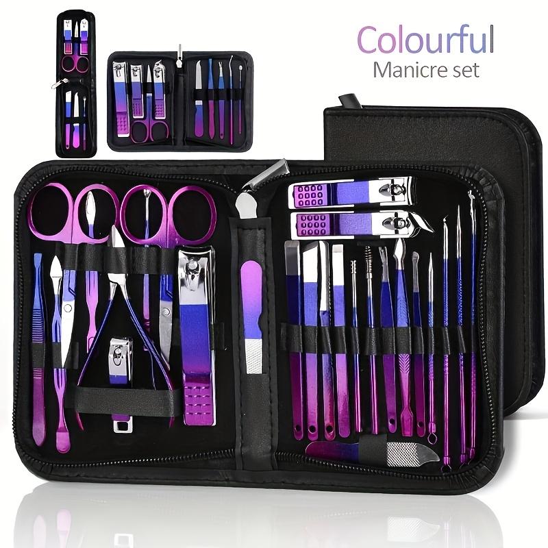 30 in 1 Rainbow Stainless Steel Manicure Kit, Heavy Duty Nail Cuticle Clipper Set, Portable Professional Grooming Scissors & Ear Pick Tools with Luxury Leather Case for Travel and Home