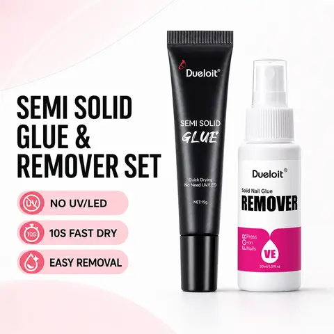 Nail Glue and Remover Set, 15g Super Strong Semi-Solid Glue, 30ML Gentle Odorless Spray Remover, Ideal for Press-On Acrylic Nails