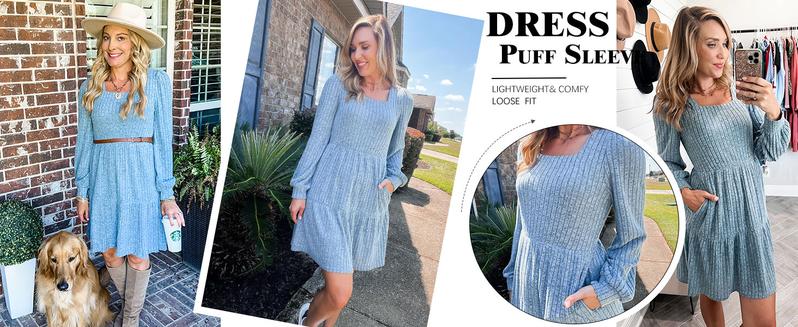 Womens Square Neck Long Sleeve Fall Dresses Casual Babydoll Sweater Dress