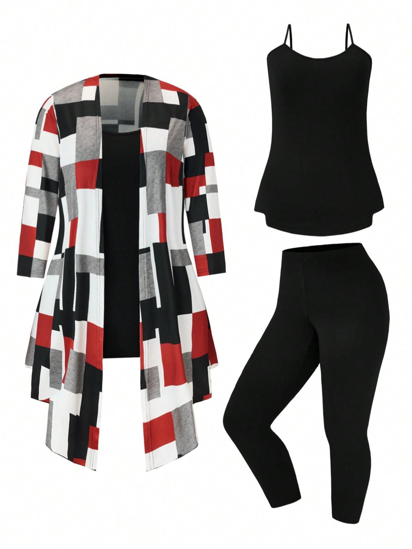 【Plus Size】 Three-Piece Set Colorblock Print Open Front Long Sleeve Outerwear & Adjustable Camisole Top & Elastic Waist Pants, Casual Fashion Cozy Outfits for Daily Wear, Lady Clothing for All Seasons