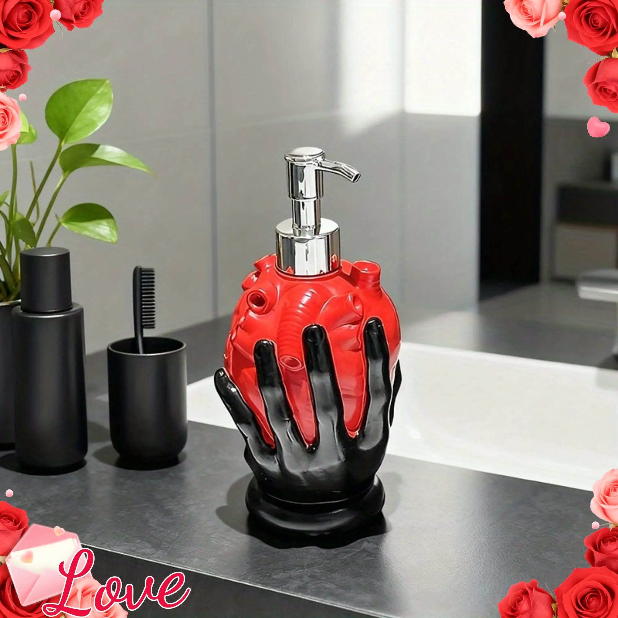 Unique‑design resin hand‑held soap dispenser in black and red, liquid dispenser bottles for hotel bathroom vanities, reusable pump‑style empty bottles for shampoo and body wash, heart‑shaped tower‑shaped lotion bottles