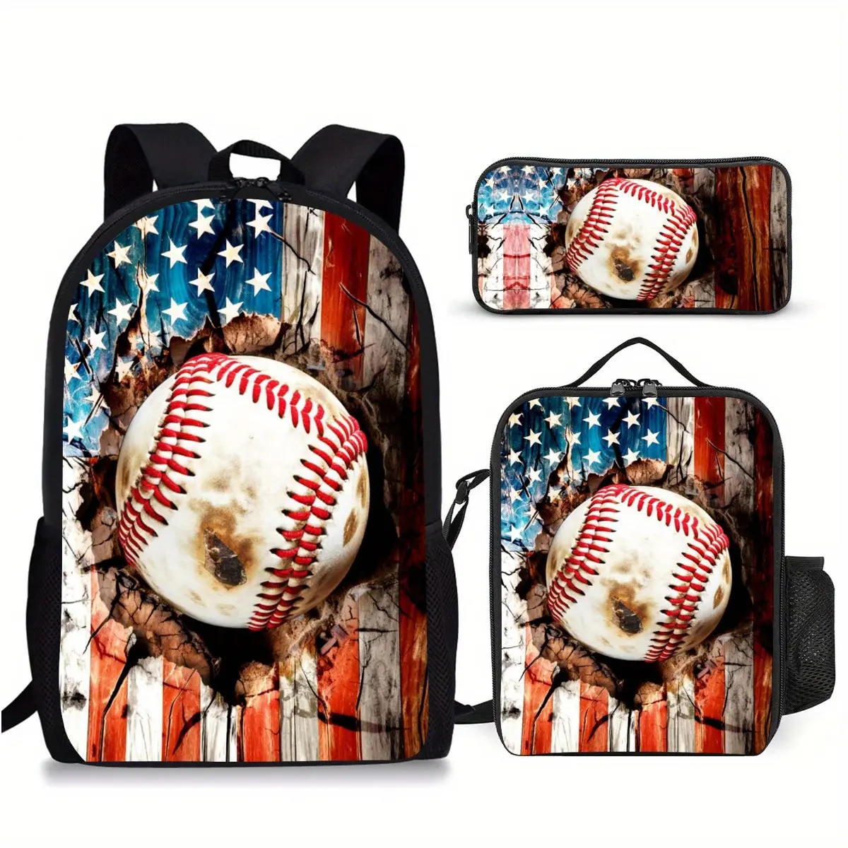 Vintage Baseball Bag Set for Kids and Teens, 3 Piece Coordinated Polyester Backpack with Lunch Bag and Pencil Case for Back to School, Rust, Zippered, 3-Pieces