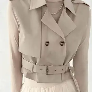 A women's fashionable khaki double breasted waist cinched windbreaker vest with a tailored silhouette, suitable for commuting, outdoor play, indoor and outdoor wear Plain Waistcoat, Outerwear