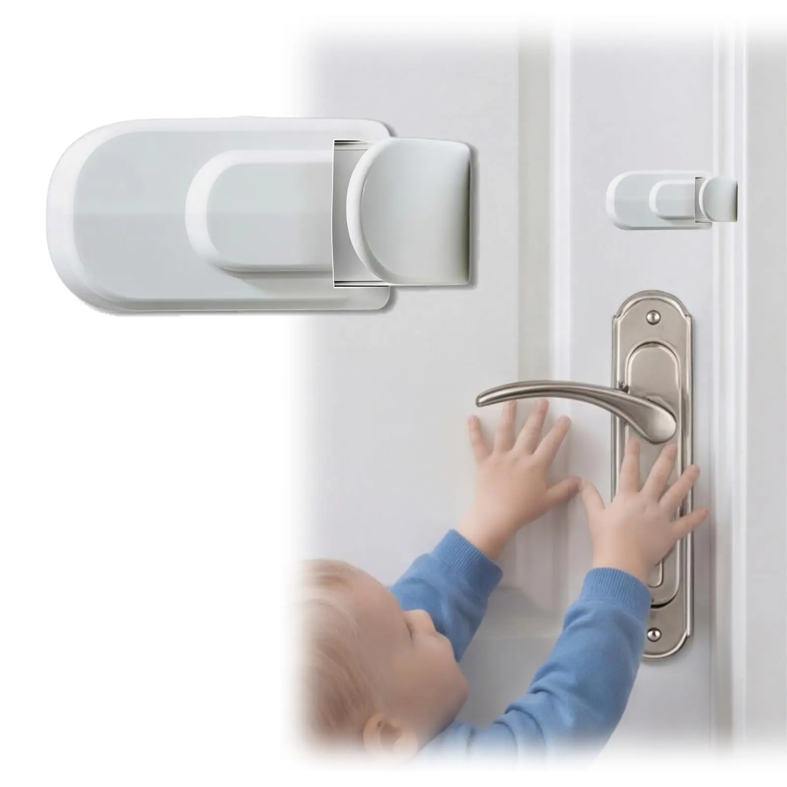 Reinforced Safety Door Lock: Snap-on Door Handle Safety Lock. No tools required; ideal for nursery home safety for babies and toddlers. Compatible with both doorknobs and lever-style handles