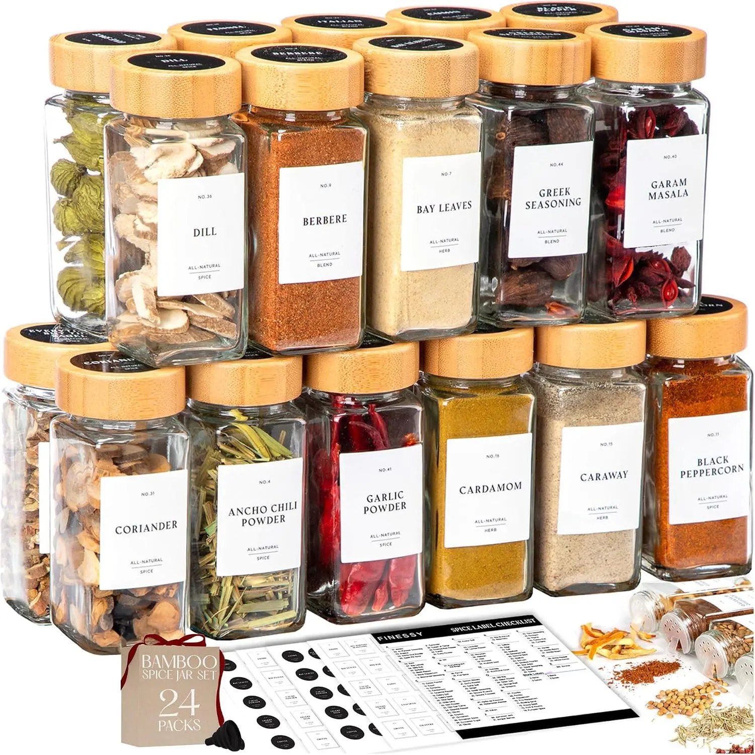 Glass  Jars with Labels and Shaker  Clear Empty 4oz 24 Pack Bottles Set, Glass  Containers with Labels, Seasoning Organizer Jars