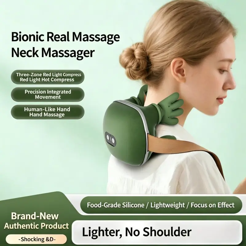 Bionic Heating Massage Master, Neck and Shoulder Massager for Deep Tissue Pain Relief, Wireless Portable Shiatsu Lightweight Electric Acupressure 4D Kneading Massage, Designed to Mimic Human Hands, Perfect for Home Office Breaks (Green)